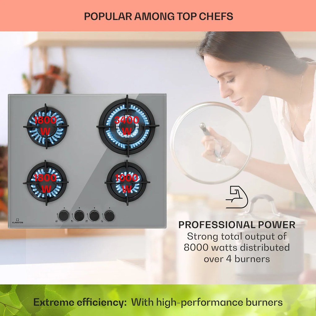 Klarstein Firetale, gázfőzőlap, 4 égő, alumínium égők, tömlővel és redukáló szeleppel