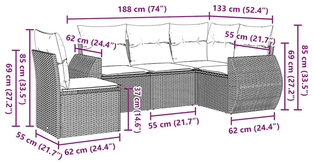 5 részes világosszürke polyrattan kerti ülőgarnitúra párnákkal