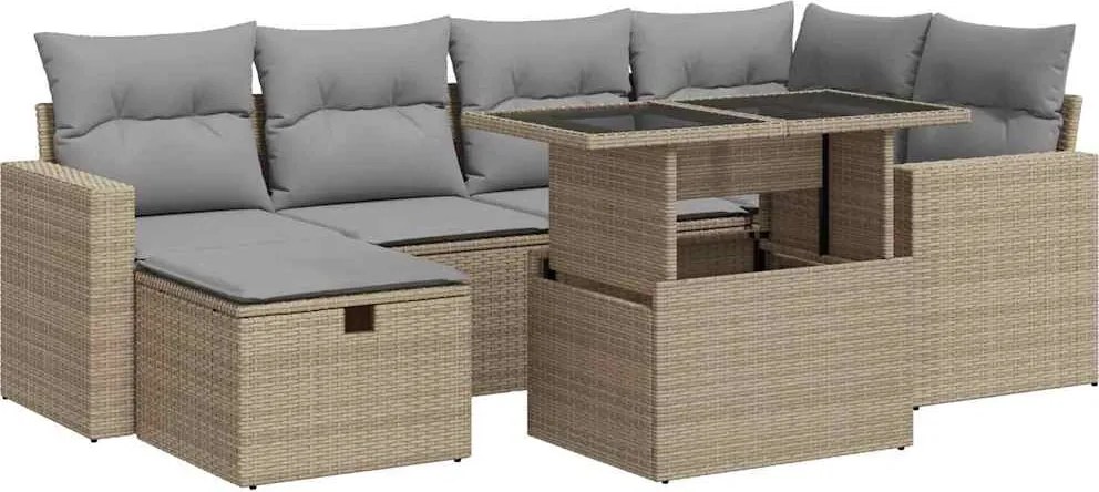 vidaXL 7 részes bézs polyrattan kerti ülőgarnitúra párnákkal