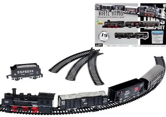 Rail King 19 Darabos Vasút Szett / Mozdony + 4 kocsi 14 sínnel, világítással