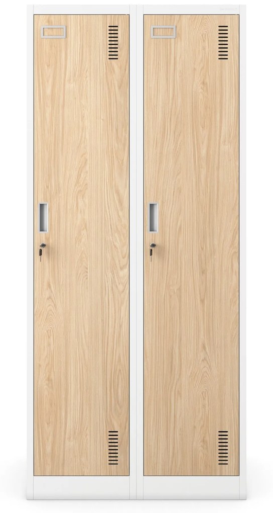 Pléh öltözőszekrény talpazaton, négymodulos, polcokkal, KACPER II, 800 x 1800 x 500 mm, Eco Design: fehér/ sonoma tölgy