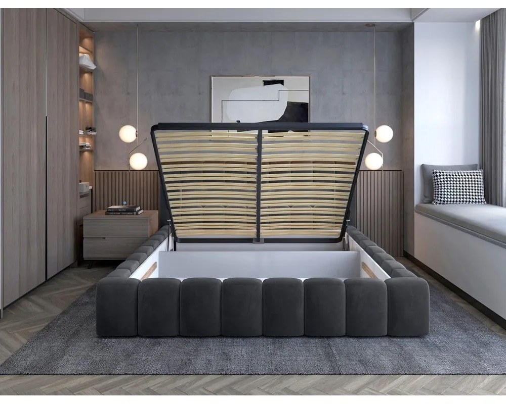 Szürke kárpitozott ágyneműtartós franciaágy ágyráccsal 160x200 cm Lamica – ELTAP