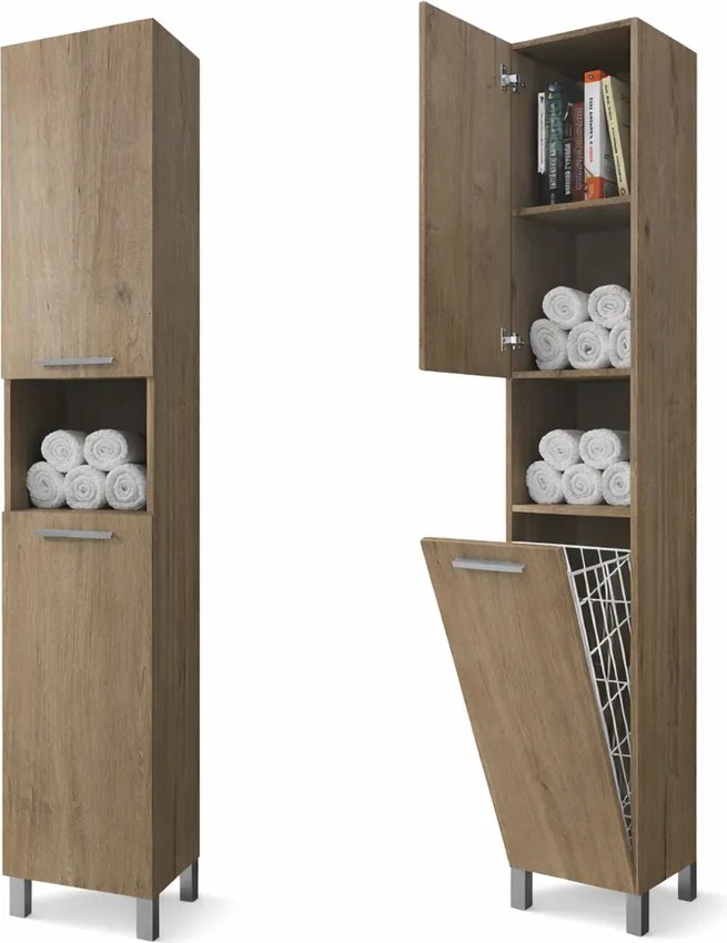 NORMANDIA 30 || Sonoma,  fürdőszoba szekrény, szennyestartóval, tárolóval és polcokkal