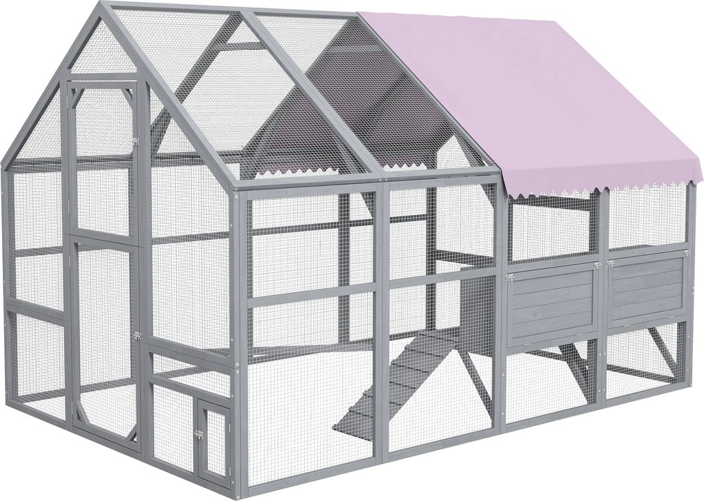 PawHut Fa Tyúkfuttató, 280 x 185,5 x 188 cm, Tyúkketrec Ajtóval, Tojástartóval, Tetővel, Rámpával, Kültéri Védett Terület 8-12 Tyúk Számára, Szürke |