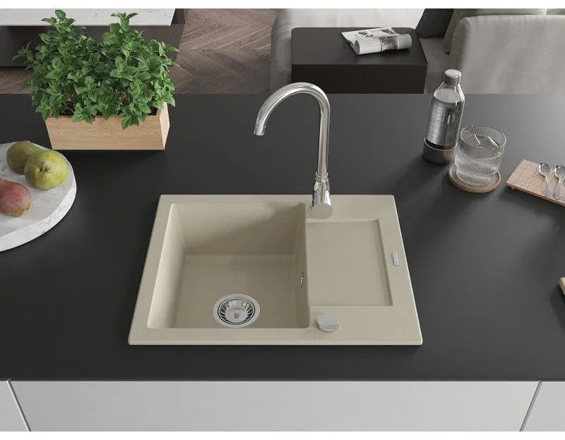 Mexen Enzo, gránit mosogató 576x465x174 mm, 1 kamrás, Telma króm csaptelep, bézs, 6506-69-670200-00