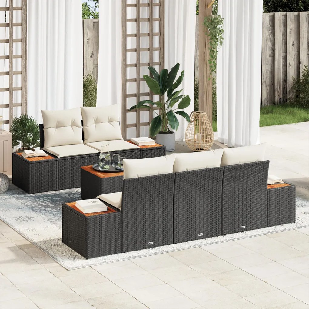 6 Részes Kert Sofasztal Szett Párnákkal Fekete Poli Rattan Akácerdő