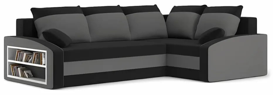 Grande sarokkanapé polcokkal , polc a bal karfaban, jobboldali, szövet anyag, hab töltet, fekete - szürke