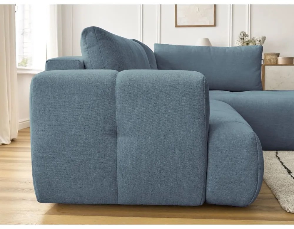 Kék kinyitható-tárolóhelyes sarokkanapé (jobb oldali-L alakú) Fuji – Bobochic Paris