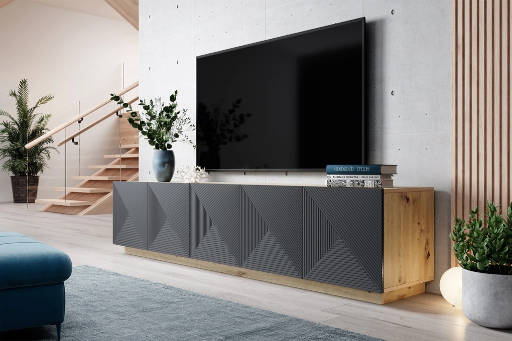 Asha ötajtós bordázott frontos TV szekrény 200 cm - artisan tölgy / rivier stone matt