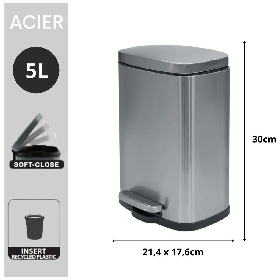 Matt ezüstszínű acél pedálos szemetes 5 l Akira – Spirella
