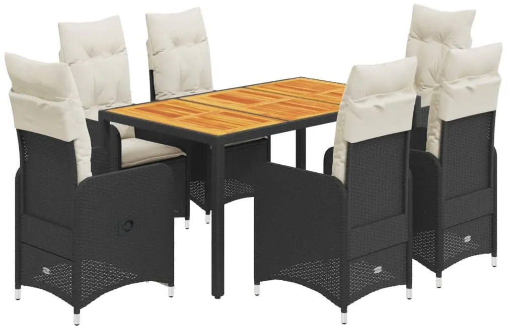 7 részes fekete polyrattan kerti bisztrógarnitúra párnákkal