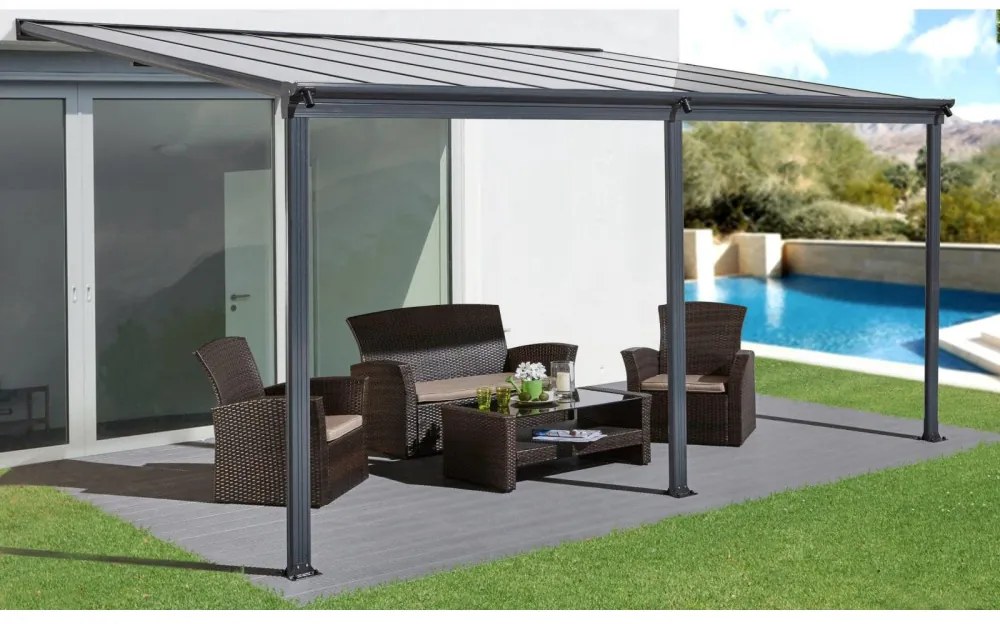 LanitPlast WALL 53 Alumínium pergola a falhoz, méretek 4,96 x 3 m, antracit színű, tető - polikarbonát opal 6 mm