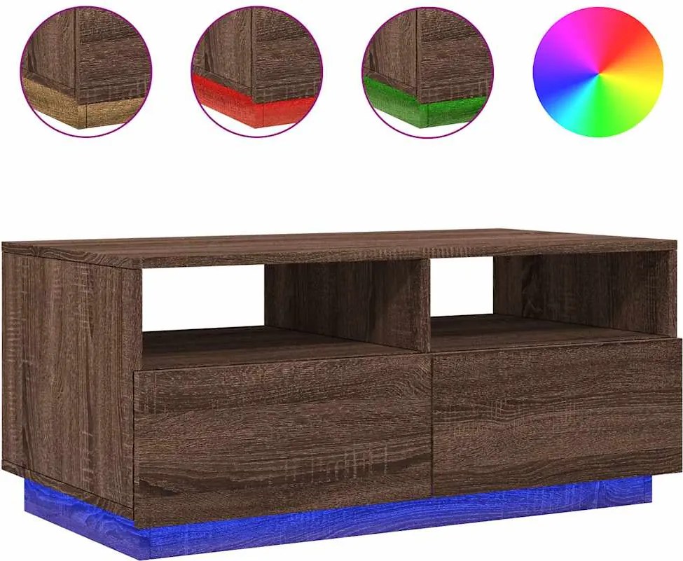 vidaXL barna tölgyszínű dohányzóasztal LED-lámpákkal 90x49x40 cm