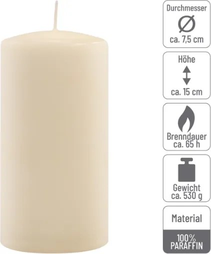 Gyertyakészlet oszlopszerű 15 cm Ø 7,5 cm 4 db krémszínű