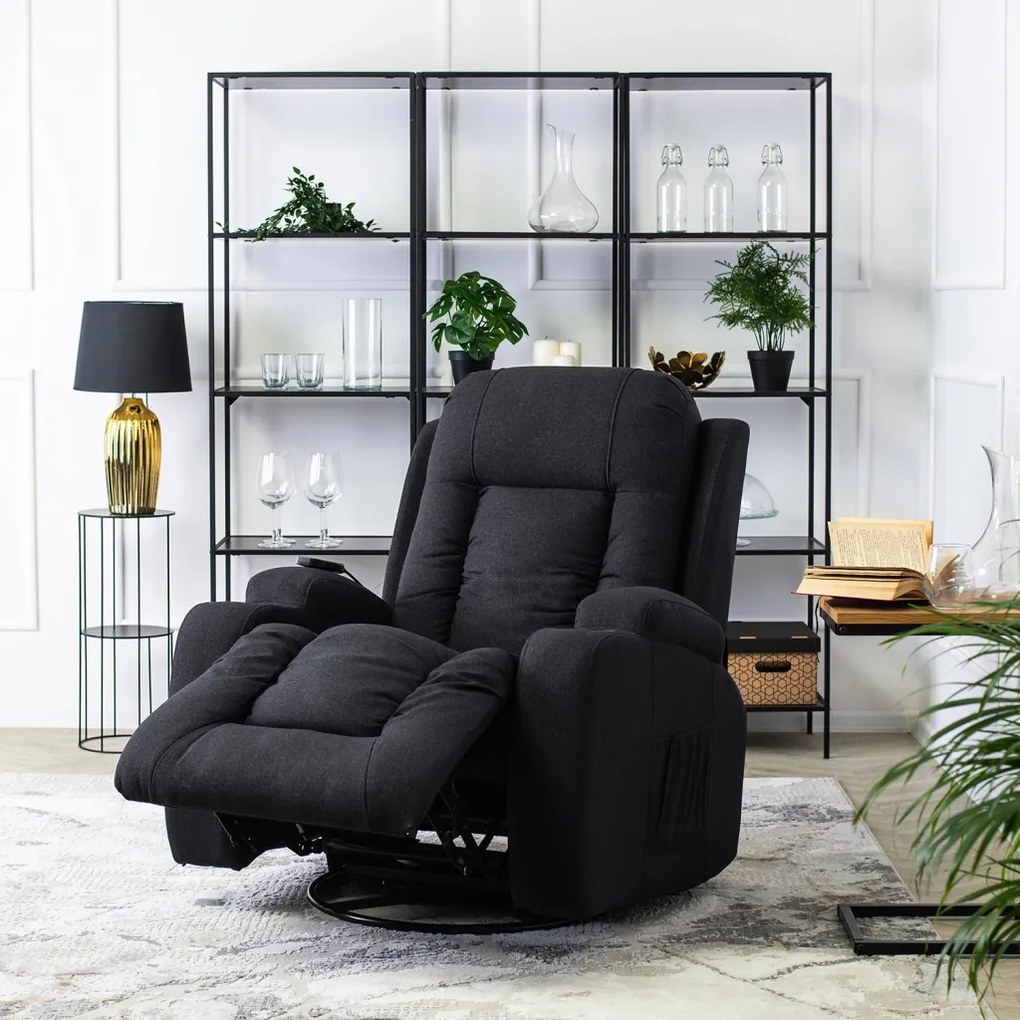 Elektromosan Vezérelhető Masszázsfunkciós Relaxfotel Fekete Szövet Kárpittal. BOX 2