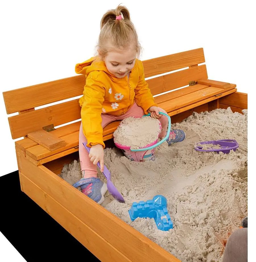 Gyerek fa homokozó fedővel és padokkal Baby Mix 120x120 cm