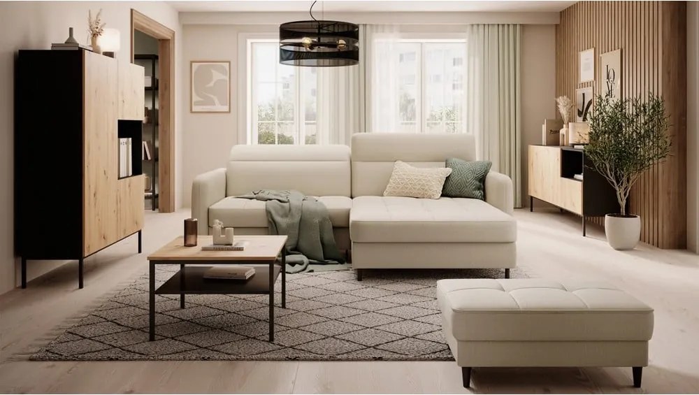 Bézs bársony kinyitható-tárolóhelyes sarokkanapé (jobb oldali-heverő résszel) Gomsi – ELTAP