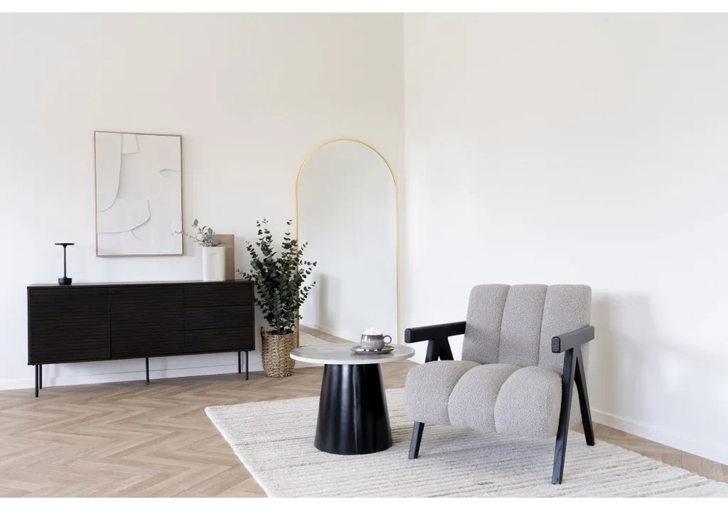 Kyoto komód 3 fiókkal, 2 ajtóval, tölgyfa furnér, füstölt, fekete fém lábakkal, 150x40x74 cm