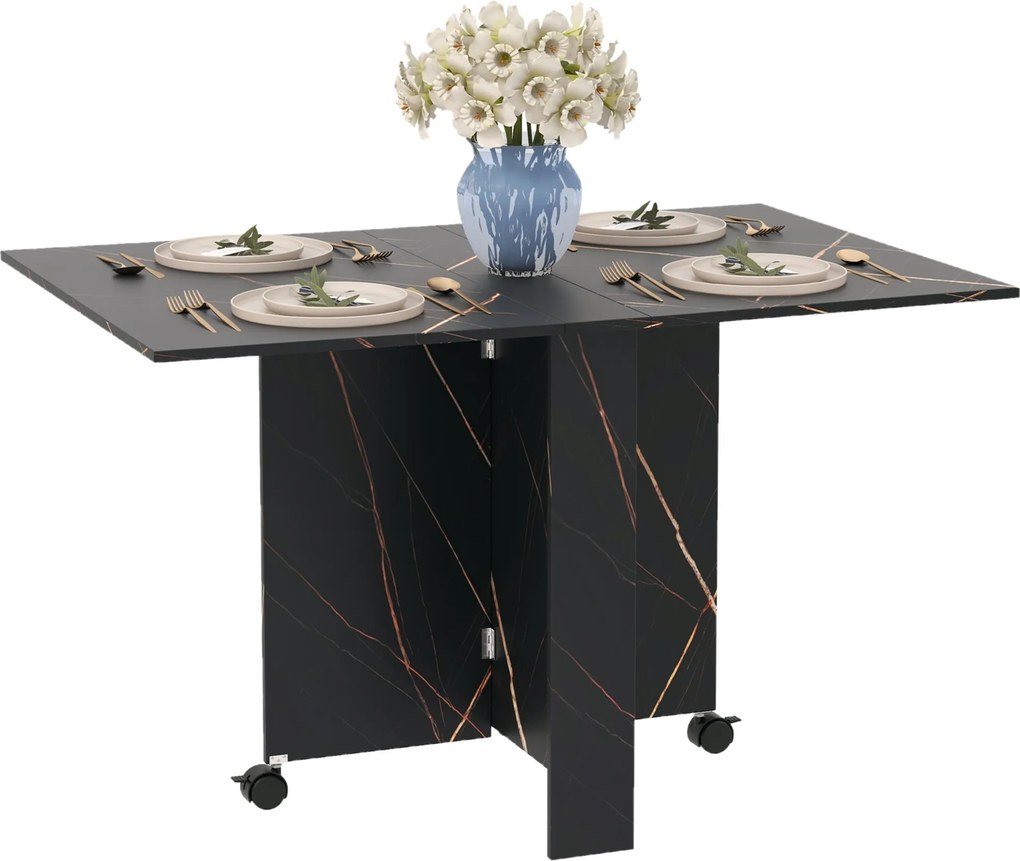 HOMCOM Összecsukható Konyhaasztal, Hajtható Étkezőasztal, 2 Kihajtható Oldallappal, 2 Fékes Kerekekkel, 6 Fő Részére, 20 kg Teherbírás, 120 x 80 x 73