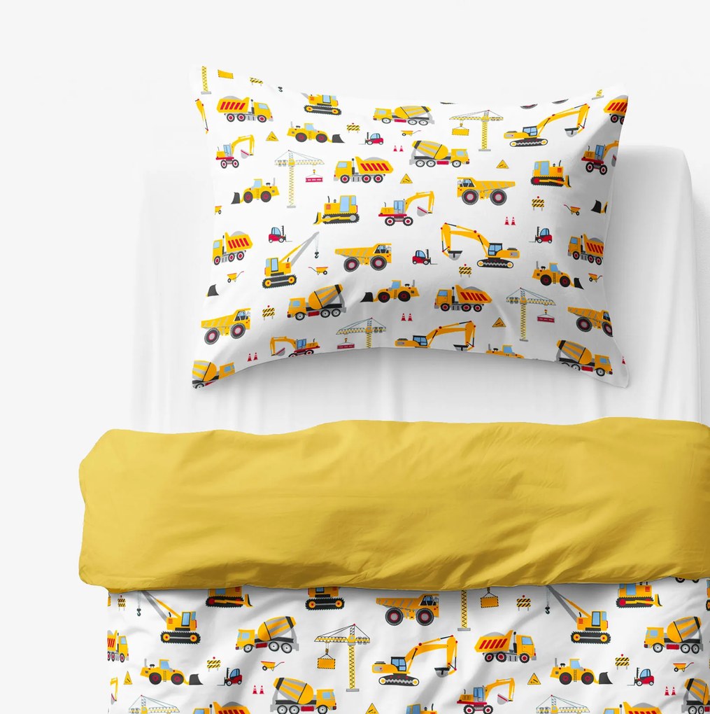 Goldea gyermek pamut ágyneműhuzat duo - teherautók és kotrógépek, mézsárga hátoldal 140 x 200 és 70 x 90 cm