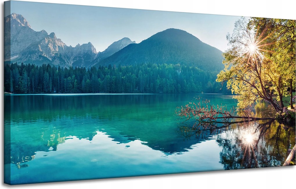 Vászonkép Nap a hegyek felett Tó Víz Nyugalom 120x60 cm