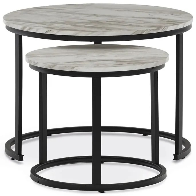 Set de măsuțe de cafea din 2 piese, blat din MDF cu decor marmură, cadru metalic