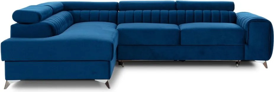 Kék bársony kinyitható-tárolóhelyes sarokkanapé (bal oldali-L alakú) Laurence – ELTAP
