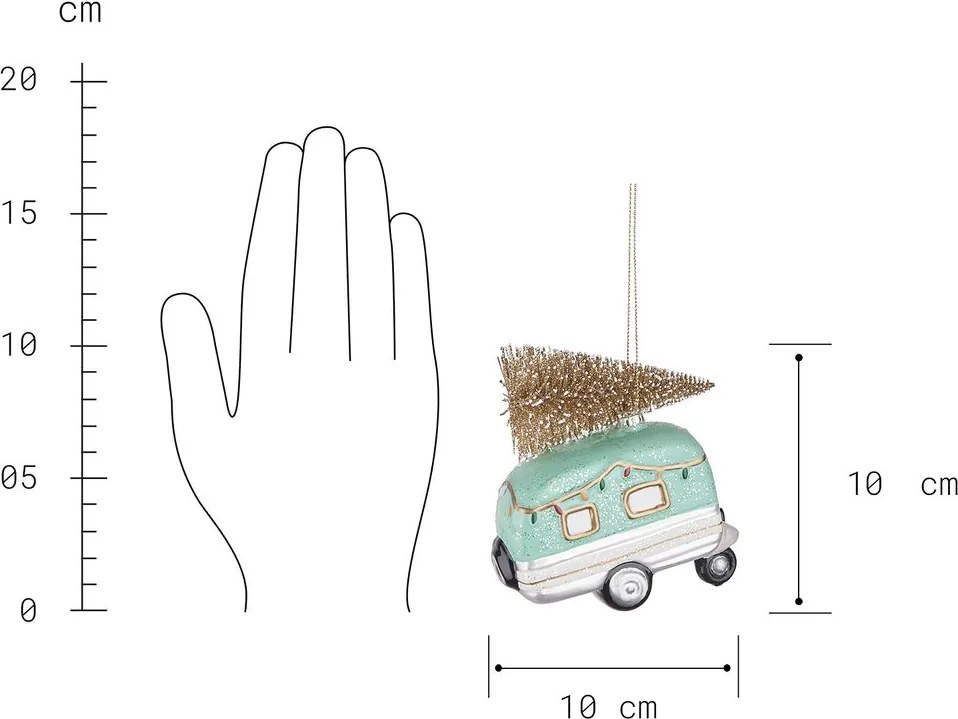 HANG ON üveg karácsonyfadísz, mentazöld lakókocsi fenyőfával 11cm