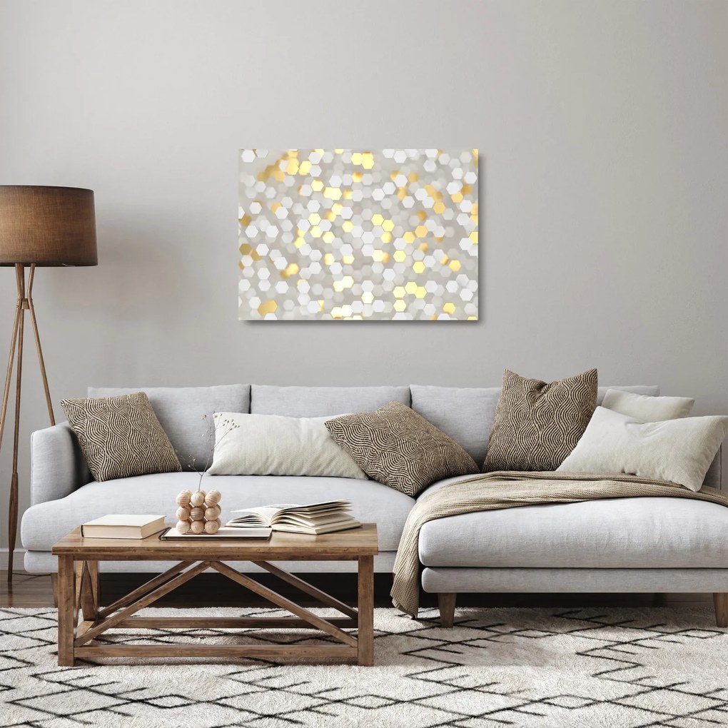 Kép - Arany és fehér hatszögek (üvegen) (70x50 cm)