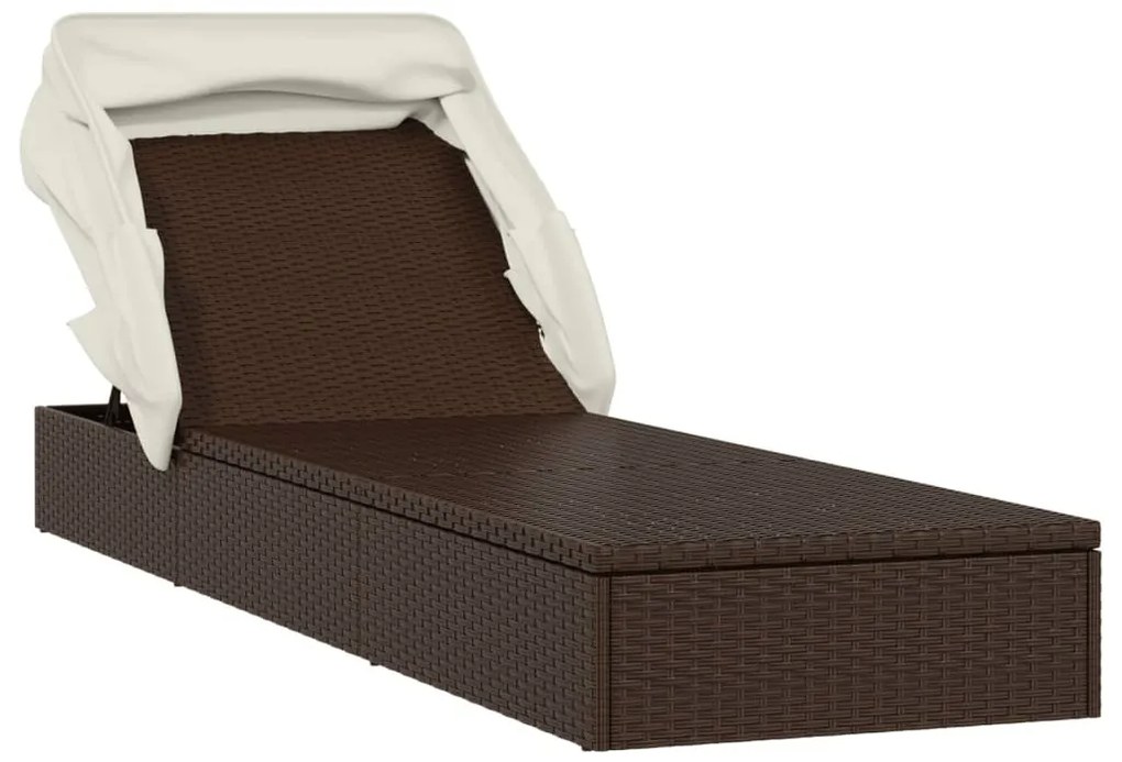 Barna polyrattan napozóágy összecsukható tetővel 213x63x97 cm