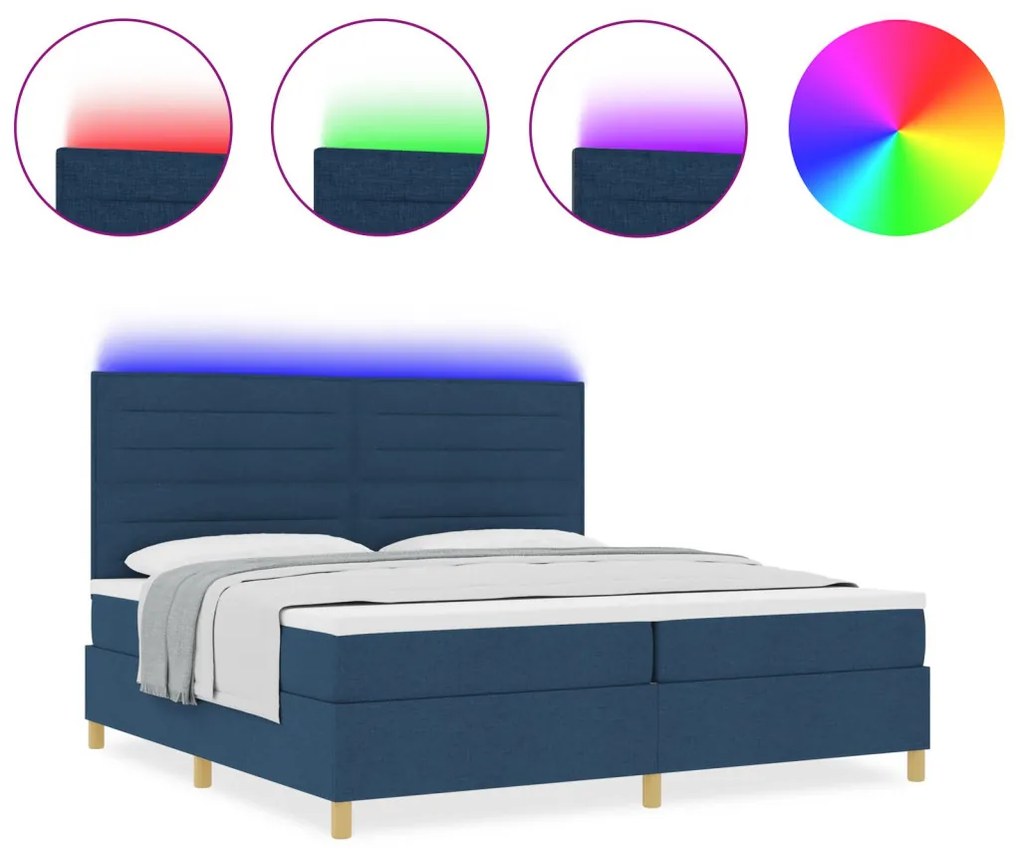 vidaXL Boxspring ágy matraccal és LED világítással, kék szövet, 200x200 cm