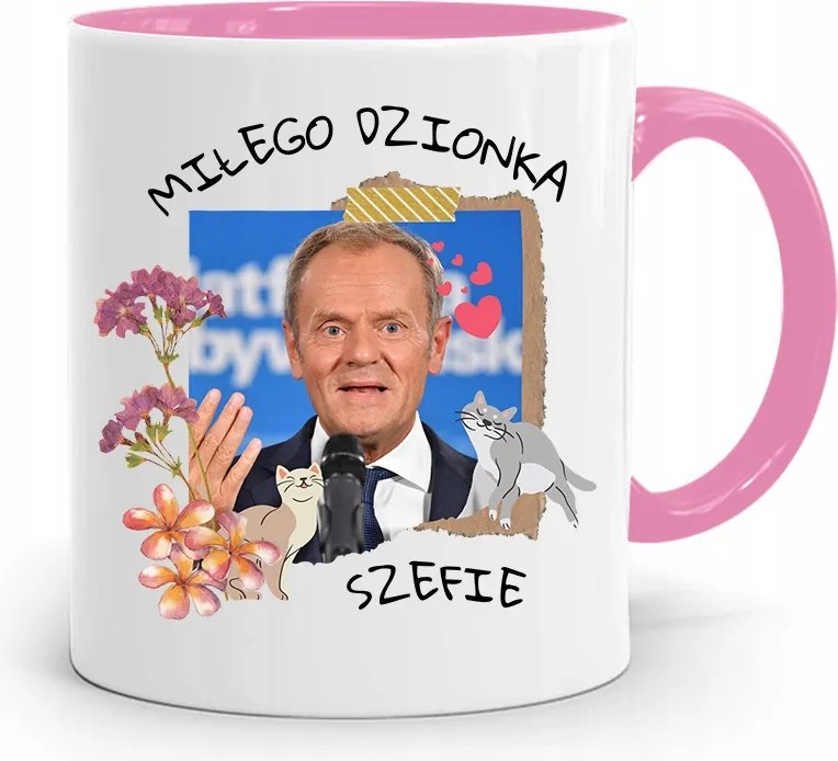 Donald Tusk Rózsaszín Bögre Platform Ajándék fényképes nyomtatással