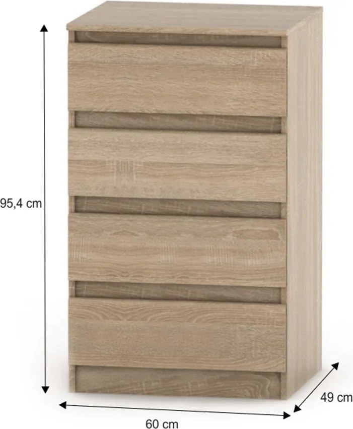 4 fiókos komód, tölgy sonoma, HANY NEW 014
