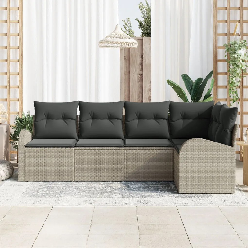 5 darabos kertkanapé szett párnákkal világosszürke poli rattan, 2 személyes kertkanapé tárolóval és párnákkal világosszürke poli rattan