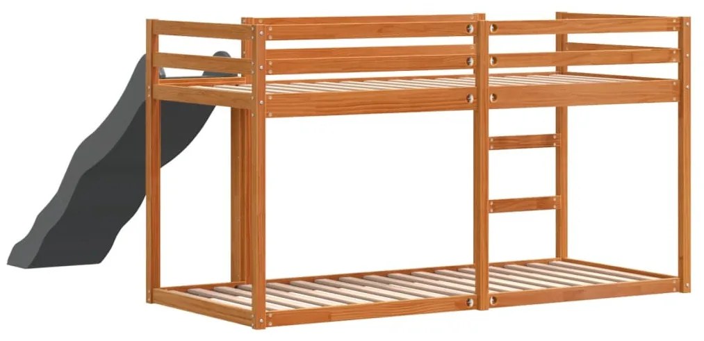barna tömör fenyő emeletes ágy csúszdával és létrával 90x200 cm