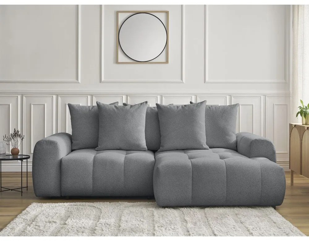 Szürke zsenília kinyitható-tárolóhelyes sarokkanapé (jobb oldali-heverő résszel) Roxelane – Bobochic Paris