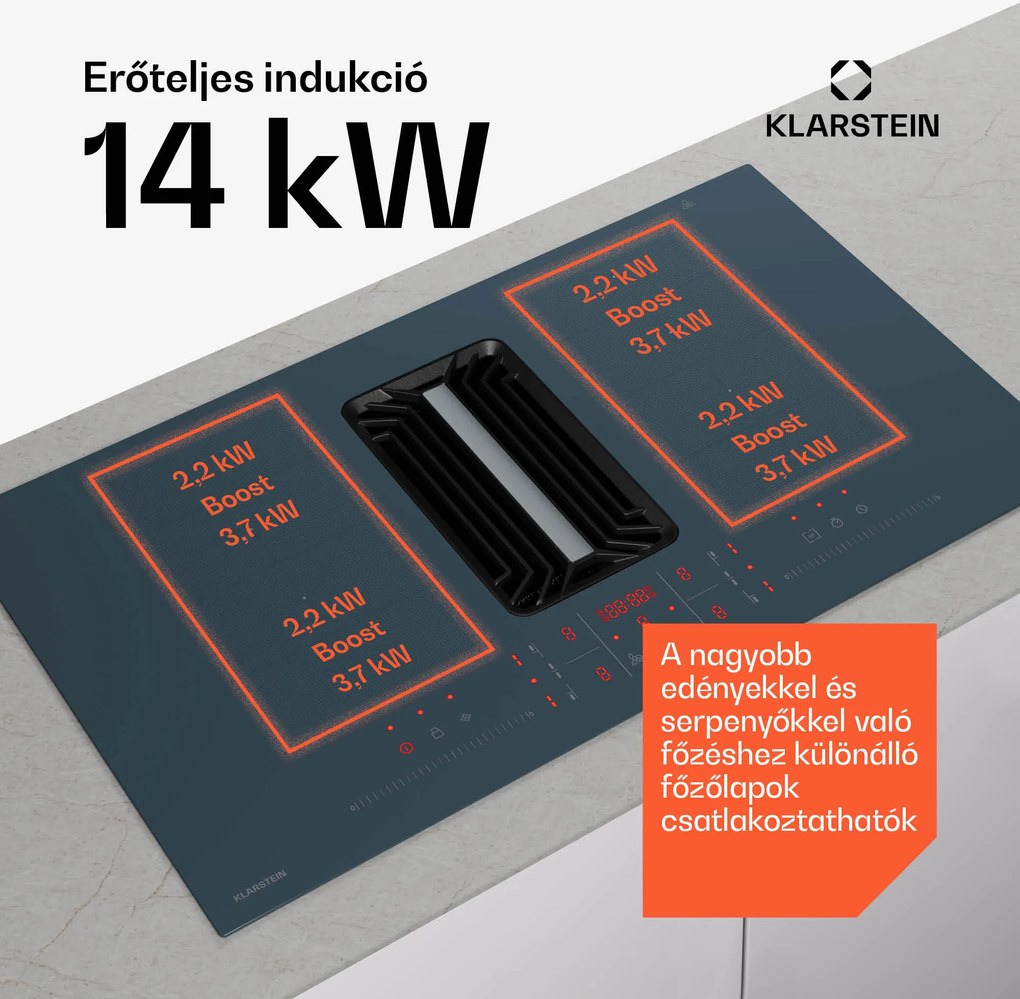 Klarstein AirJet FlexPro Down Air System, Indukciós főzőlap + páraelszívó, Flexi zóna, Booster