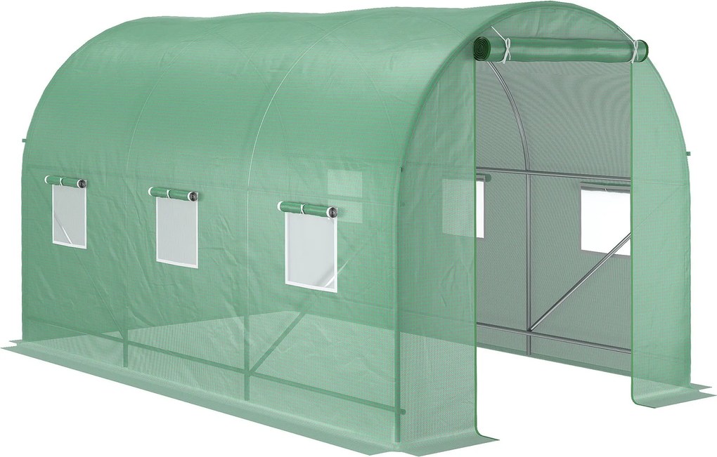 Outsunny 350x200x200 cm-es Üvegház, fólia üvegház paradicsomház ajtóval, 6 ablakkal, horganyzott acélból készült fólia alagút, stabil üvegházi növény