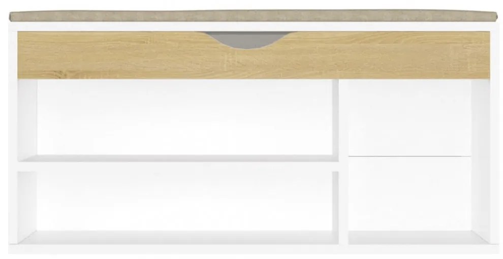 fehér és sonoma tölgy színű cipőtároló pad párnával 104x30x49cm