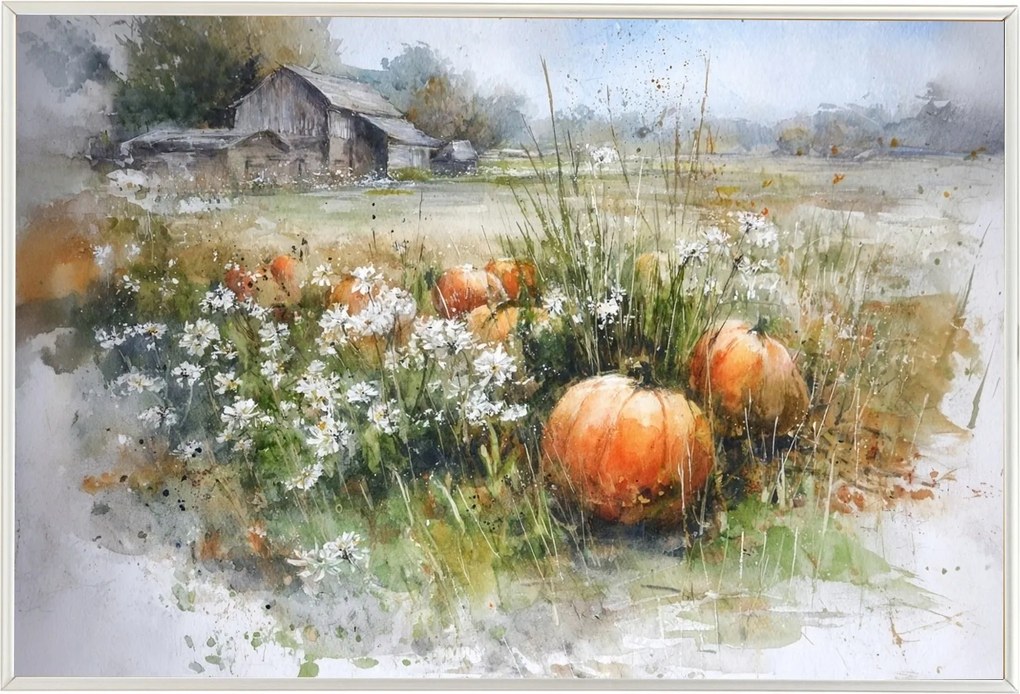 Poszter Keret Alumínium Tájkép Falu Farm Mező Farm Tök 60x40