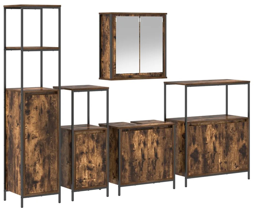 vidaXL Fürdőszoba bútor szett polcokkal 5 pcs Füstölt tölgy és Fekete