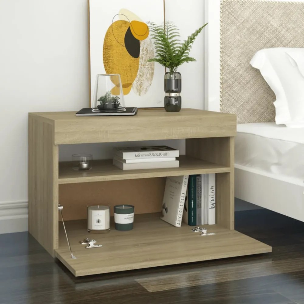 2 db sonoma tölgyszínű éjjeliszekrény LED-lámpákkal 60x35x40 cm