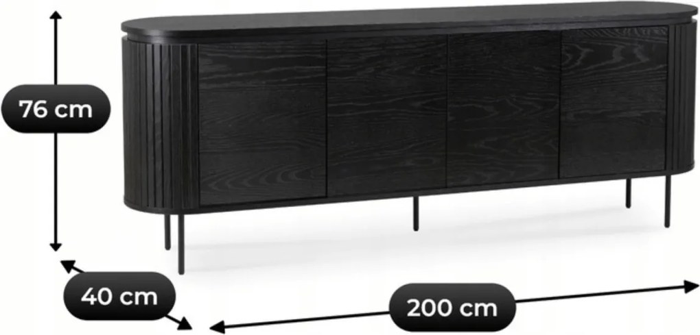 Komód 200 cm méretben, négyajtós kivitelben, fekete színben BECK