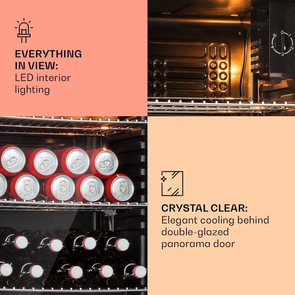 Klarstein Beersafe XXL, hűtőszekrény, 80 liter, 3 polc, E energiahatékonysági osztály, panoráma üvegajtó