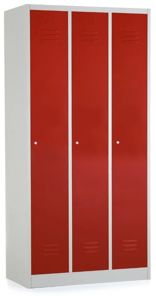 Fém szekrény - 3 szakasz, 90 x 50 x 180 cm, hengerzár, piros - ral 3000