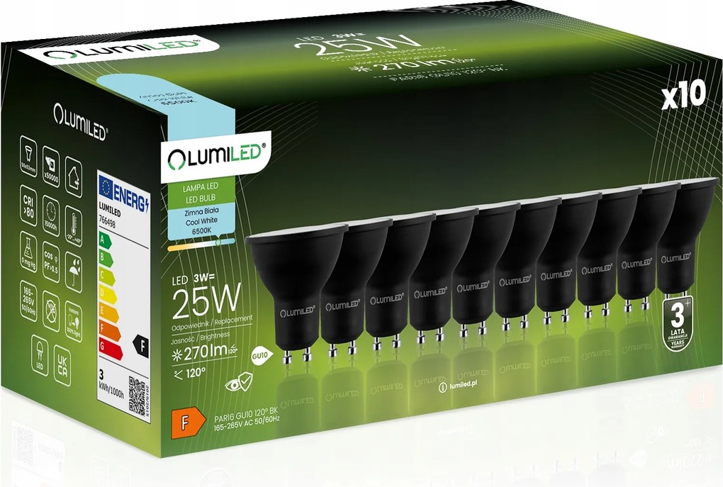 10x Led izzó GU10 3W 270lm 6500K Hideg 120° Fekete Nagy Teljesítményű Prémium CCD