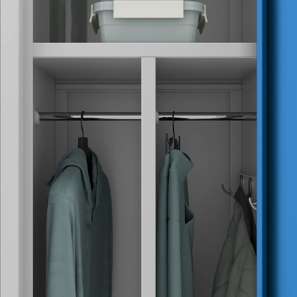 Pléh öltözőszekrény talpazaton, kétmodulos, polccal és köztes fallal KACPER, 800 x 1800 x 500 mm, szürke-kék