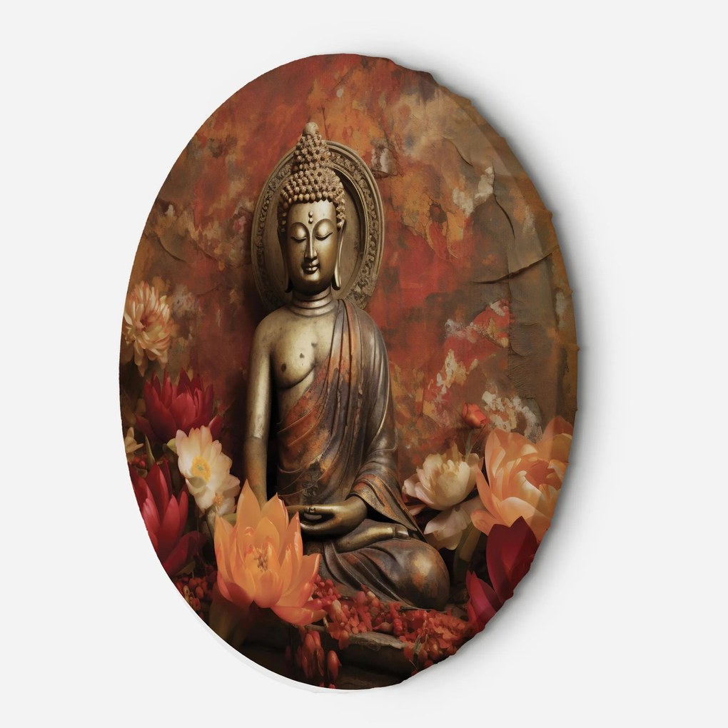 Gario Kerek vászonkép Meditáló Buddha szobor és színes virágok Méret: 80 x 80 cm