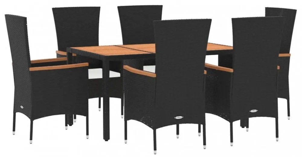 7 részes fekete polyrattan kerti étkezőgarnitúra párnával