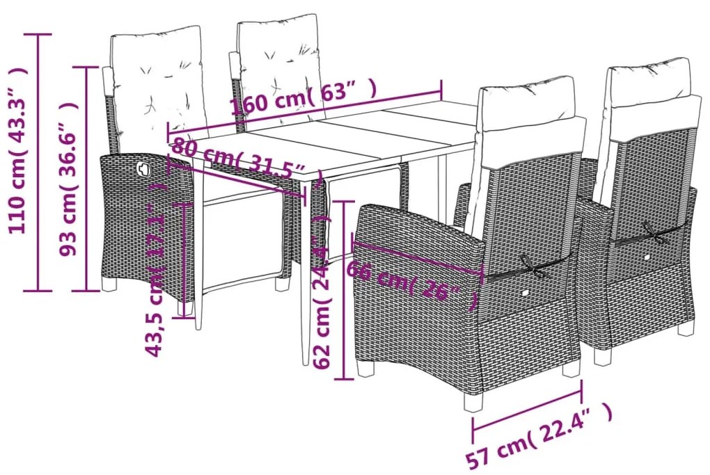 5-részes barna polyrattan kerti étkezőgarnitúra párnákkal